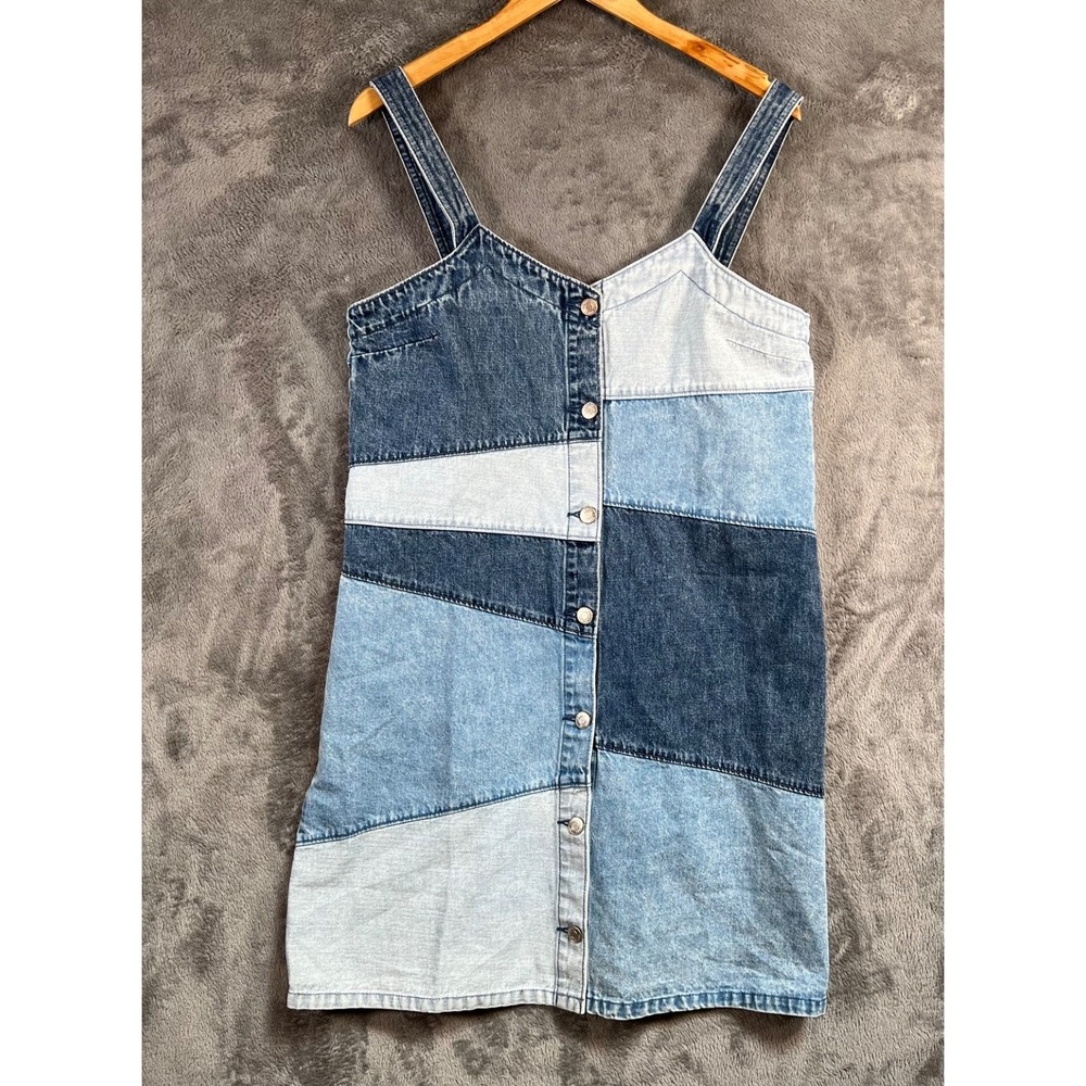 GAP Patchwork Denim Mini Dress Medium Button Up 100% Cotton Light/Med/Dark - Picture 3 of 14